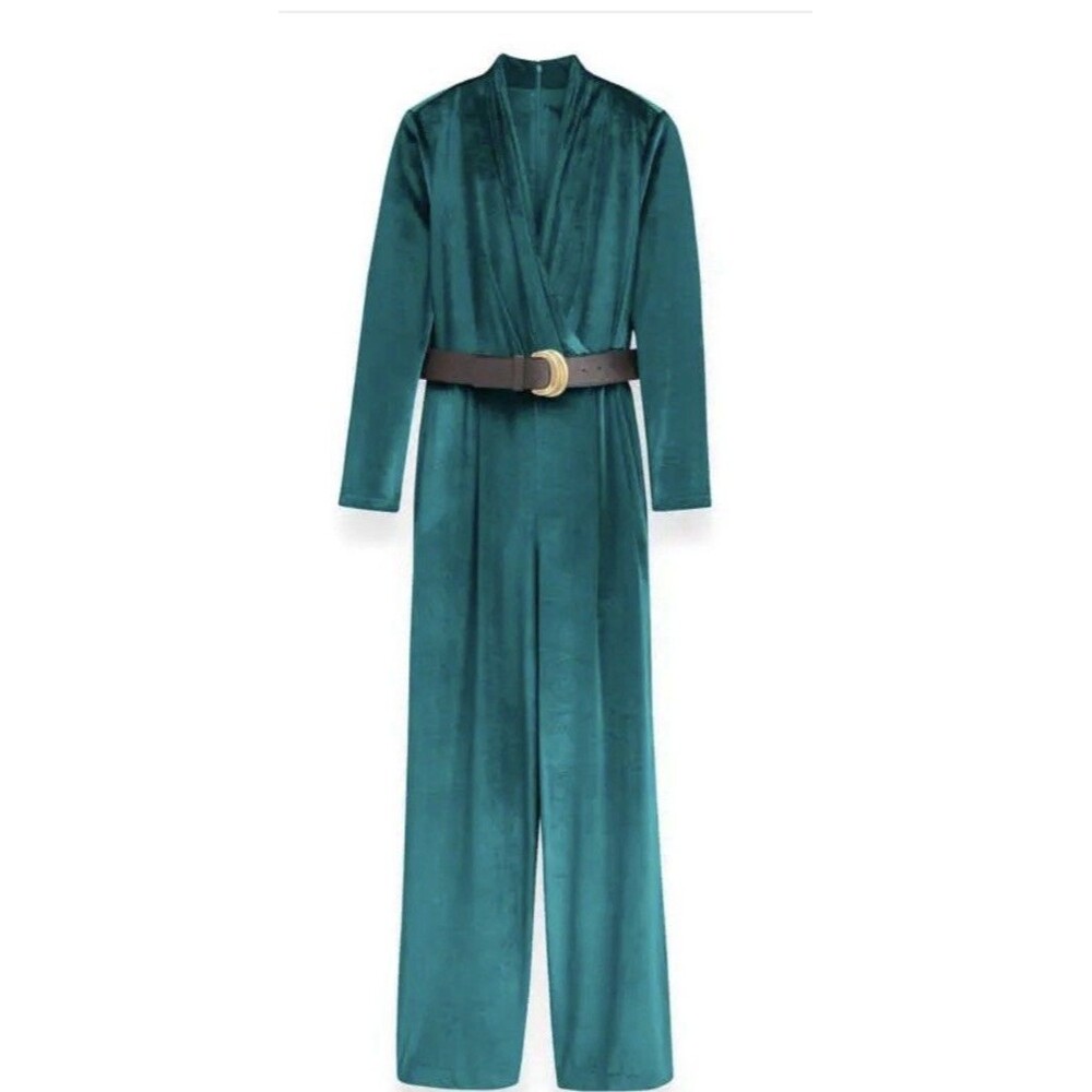 Donna Karan New York Women's Green Belted Velvet Jumpsuit Size 16 - Picture 2 of 13